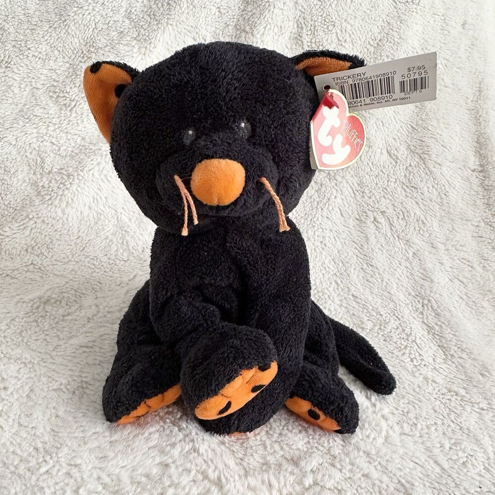 Ty Pluffies Trickery Kitten Cat Black Spots Plush Halloween Toy 2008